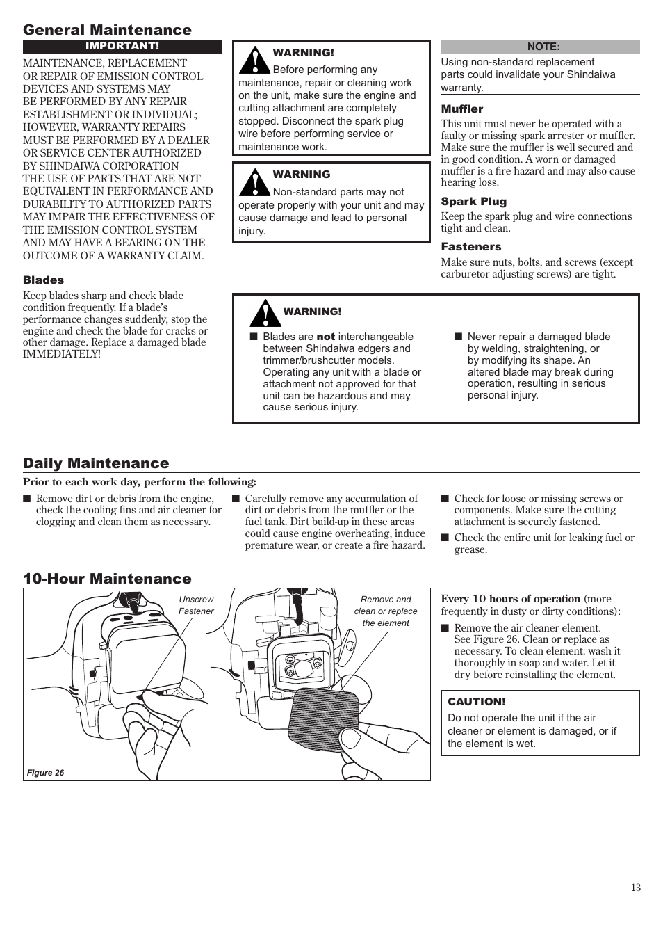 General maintenance, Daily maintenance, Hour maintenance | Shindaiwa 81643 User Manual | Page 13 / 60
