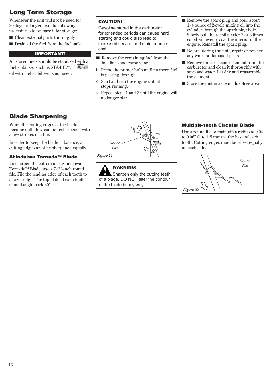 Long term storage, Blade sharpening | Shindaiwa 81643 User Manual | Page 16 / 60