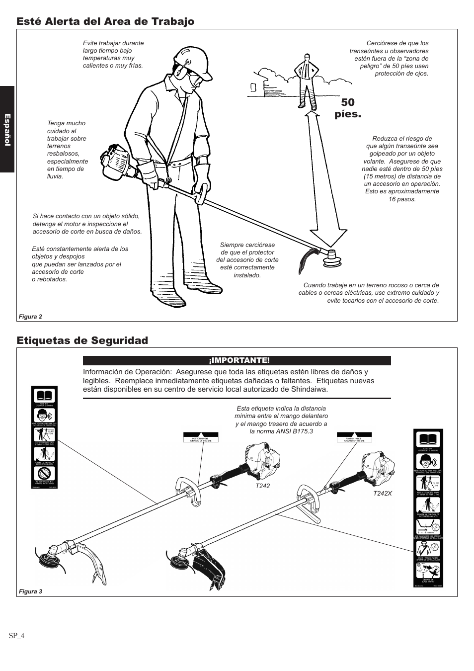 Etiquetas de seguridad, Esté alerta del area de trabajo, 50 píes | Shindaiwa 81643 User Manual | Page 24 / 60