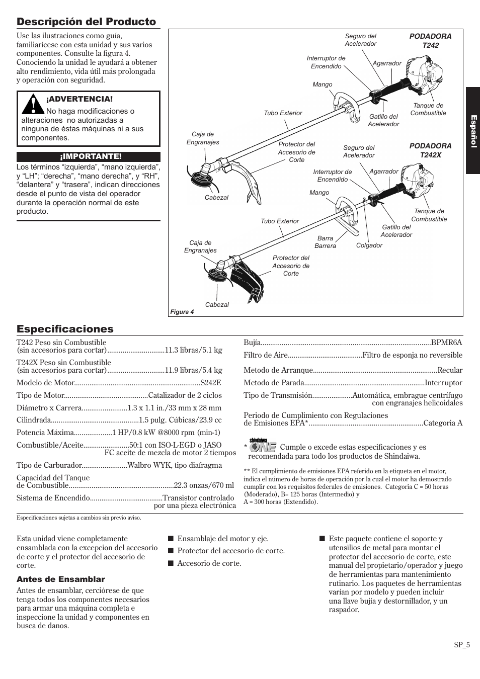 Descripción del producto, Especificaciones | Shindaiwa 81643 User Manual | Page 25 / 60