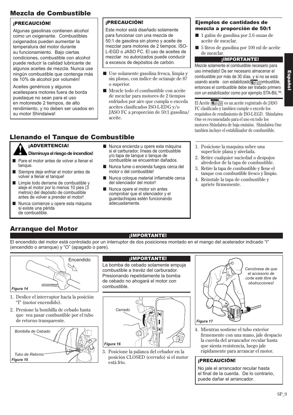 Arranque del motor, Mezcla de combustible, Llenando el tanque de combustible | Shindaiwa 81643 User Manual | Page 29 / 60