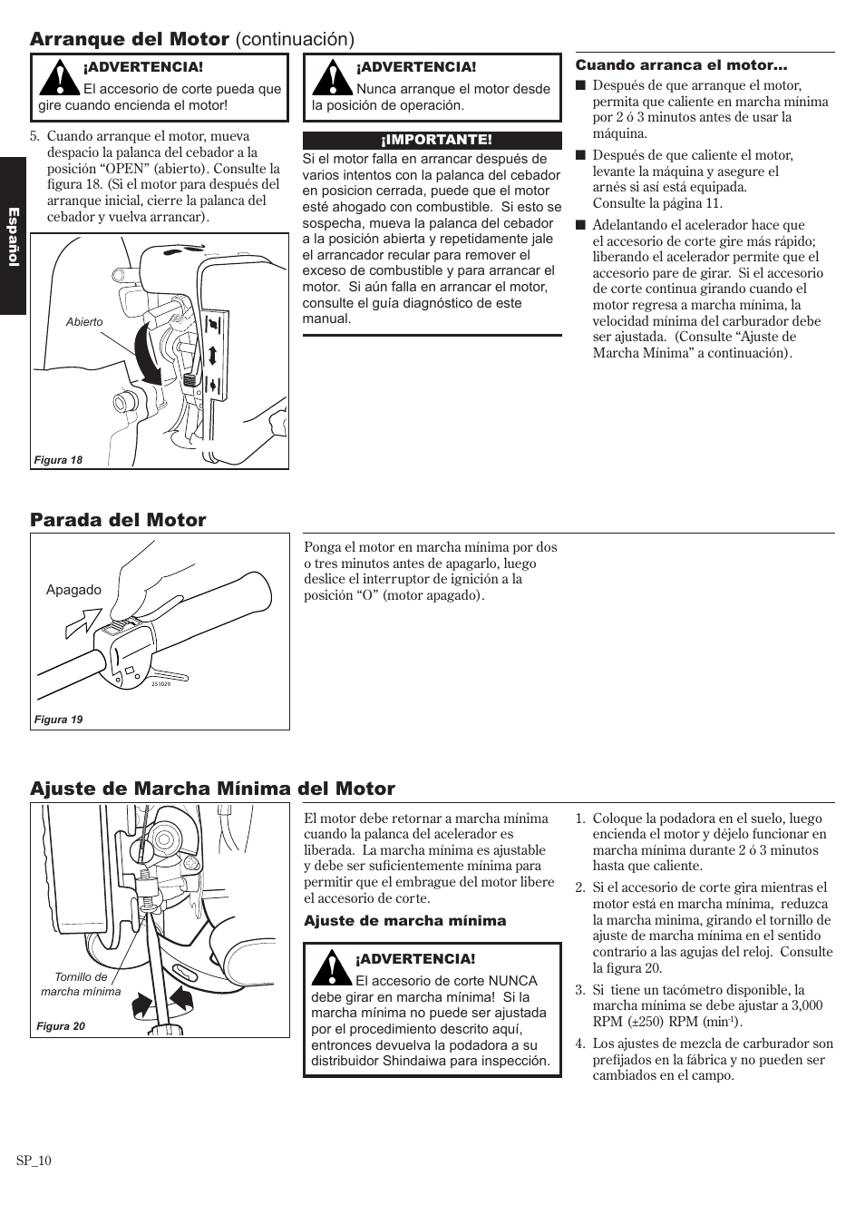 Arranque del motor (continuación), Parada del motor ajuste de marcha mínima del motor | Shindaiwa 81643 User Manual | Page 30 / 60