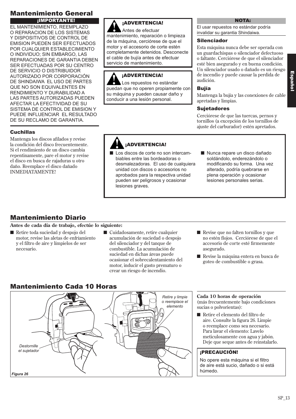 Mantenimiento general, Mantenimiento diario, Mantenimiento cada 10 horas | Shindaiwa 81643 User Manual | Page 33 / 60