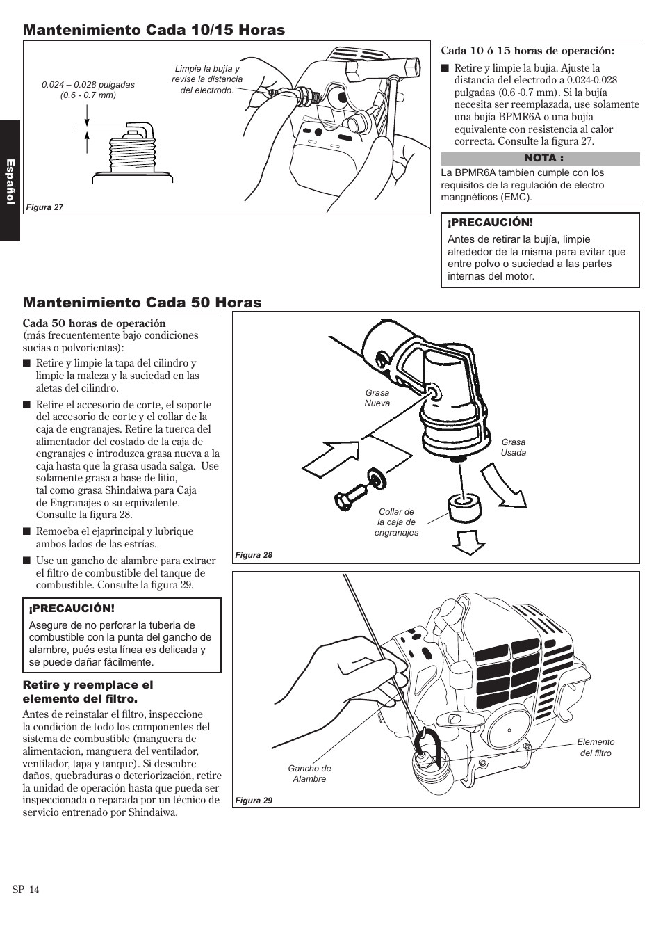 Mantenimiento cada 50 horas, Mantenimiento cada 10/15 horas | Shindaiwa 81643 User Manual | Page 34 / 60