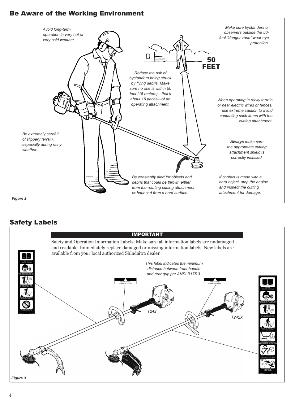 Be aware of the working environment, 50 feet safety labels | Shindaiwa 81643 User Manual | Page 4 / 60