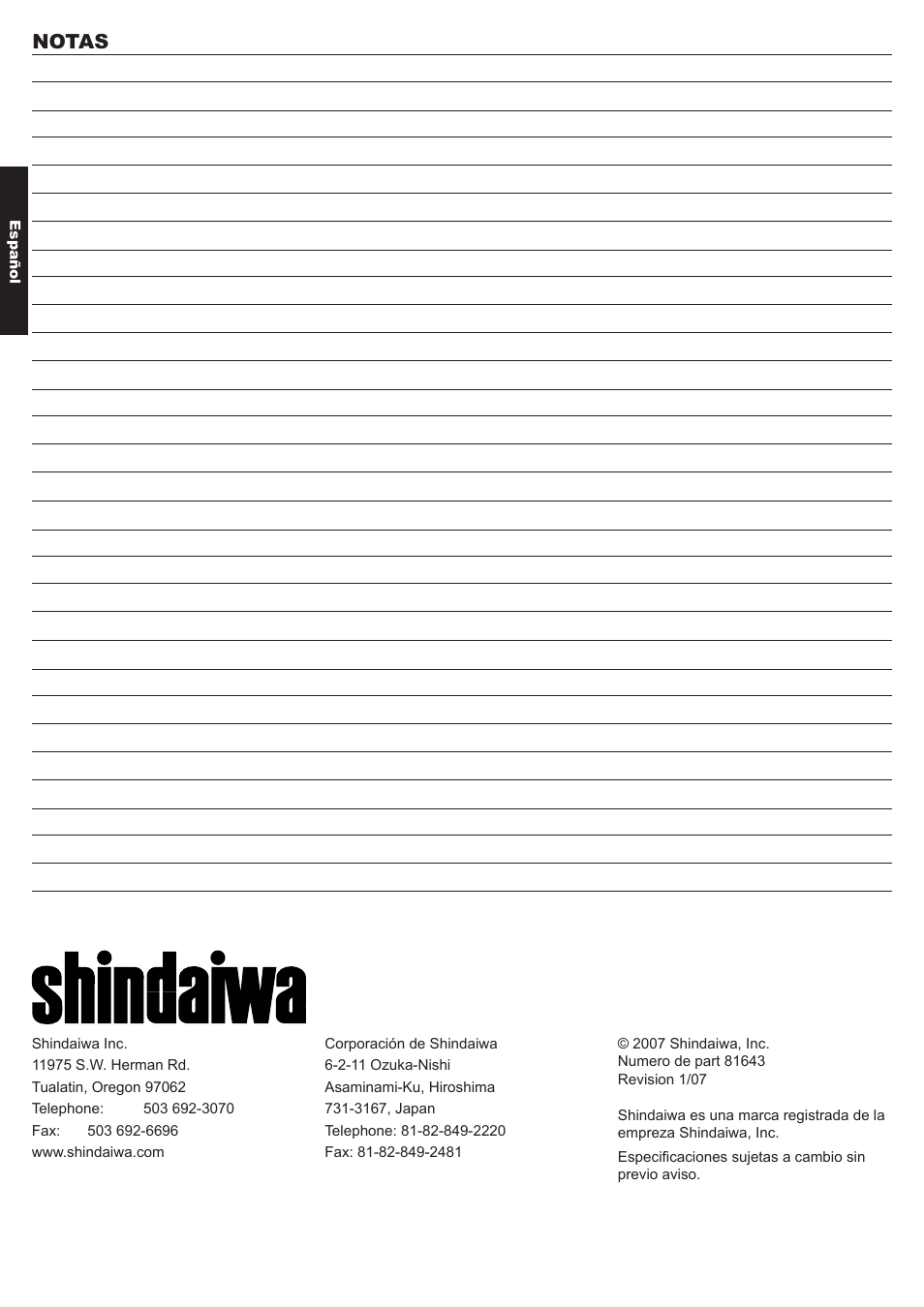 Notas | Shindaiwa 81643 User Manual | Page 40 / 60