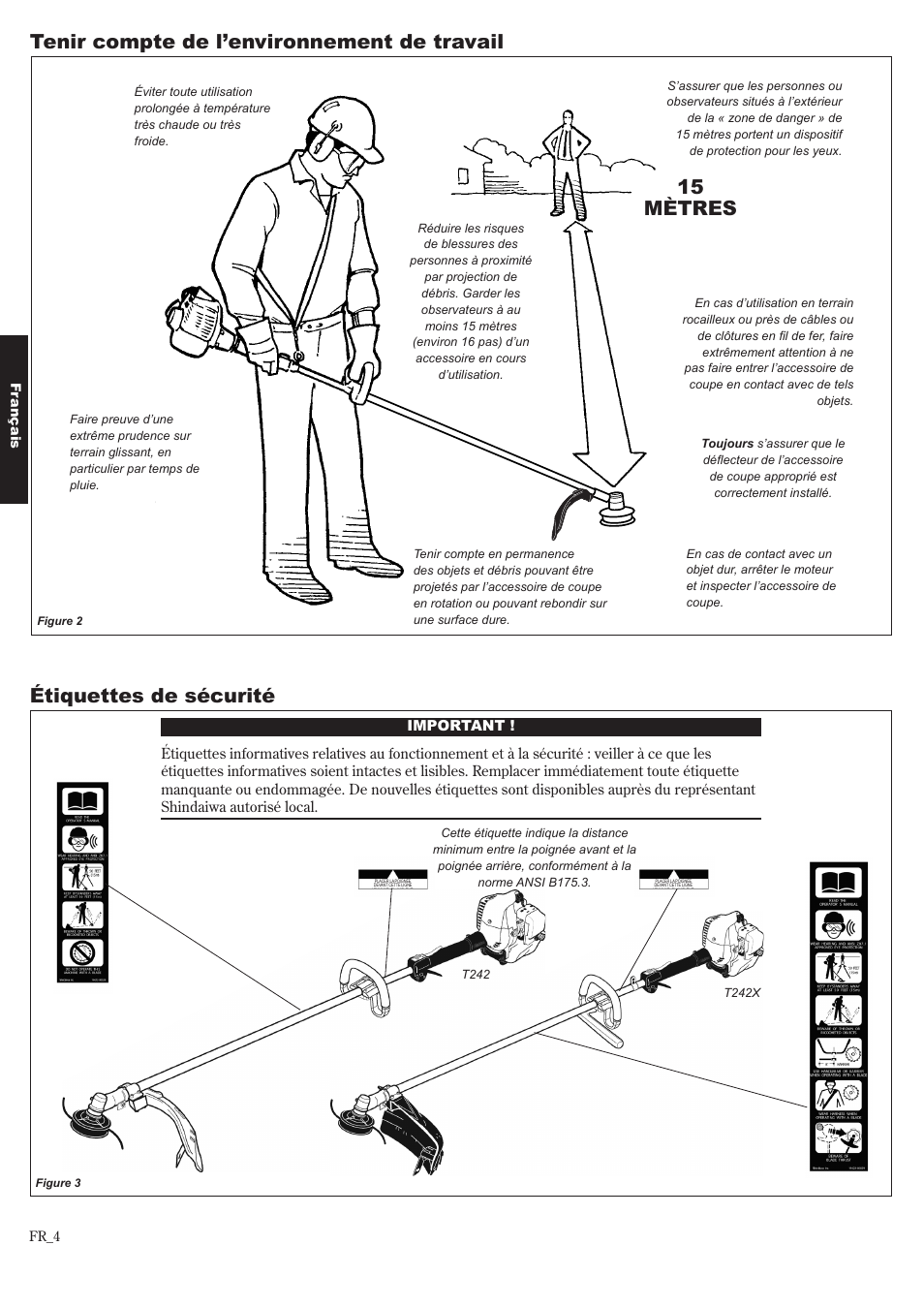 Tenir compte de l’environnement de travail, 15 mètres étiquettes de sécurité | Shindaiwa 81643 User Manual | Page 44 / 60