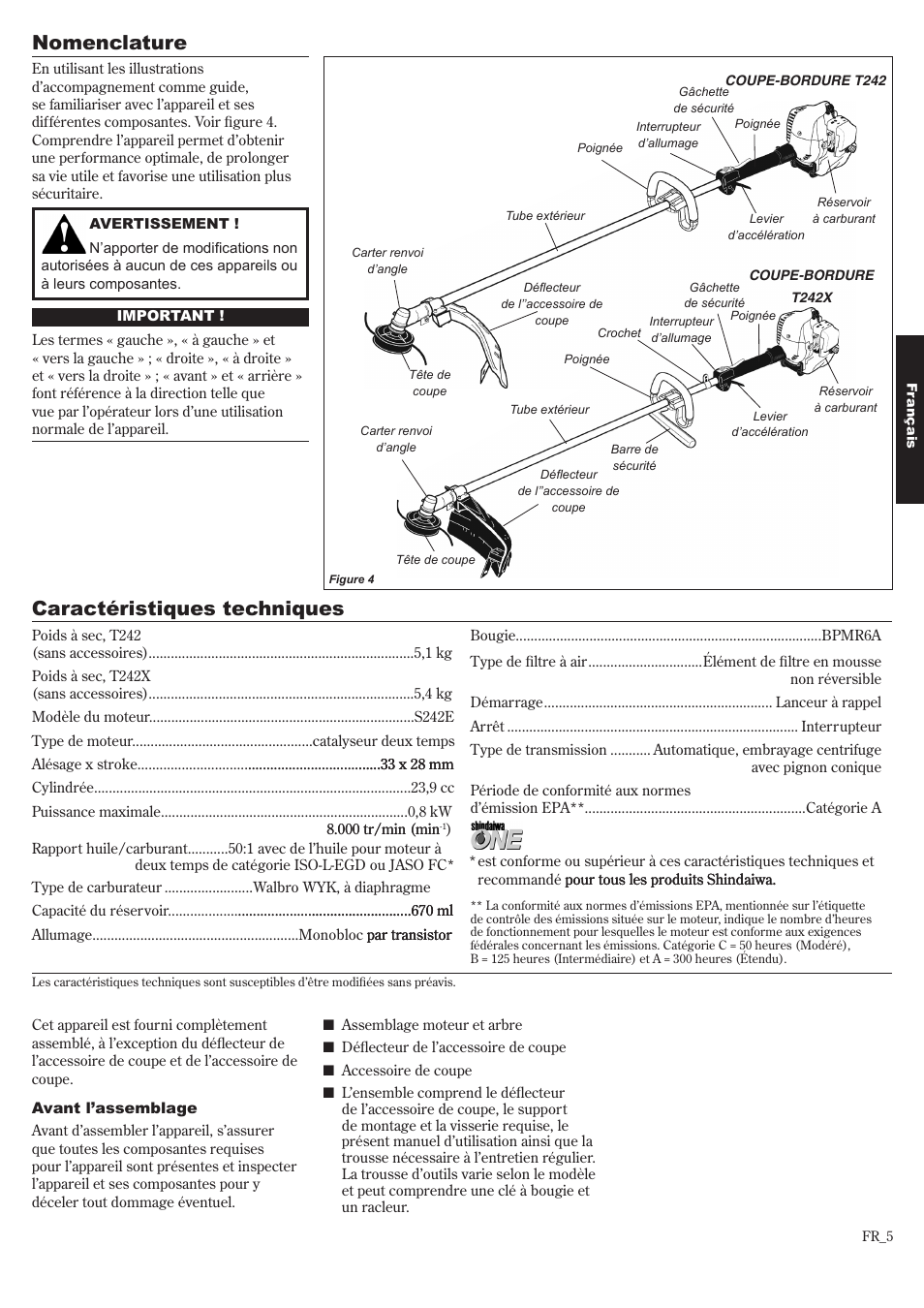 Nomenclature, Caractéristiques techniques | Shindaiwa 81643 User Manual | Page 45 / 60