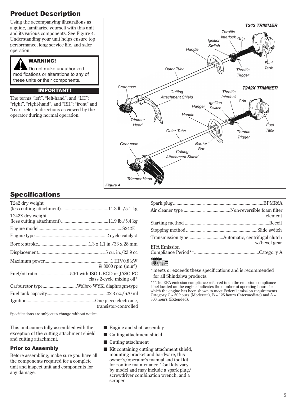 Product description, Specifications | Shindaiwa 81643 User Manual | Page 5 / 60