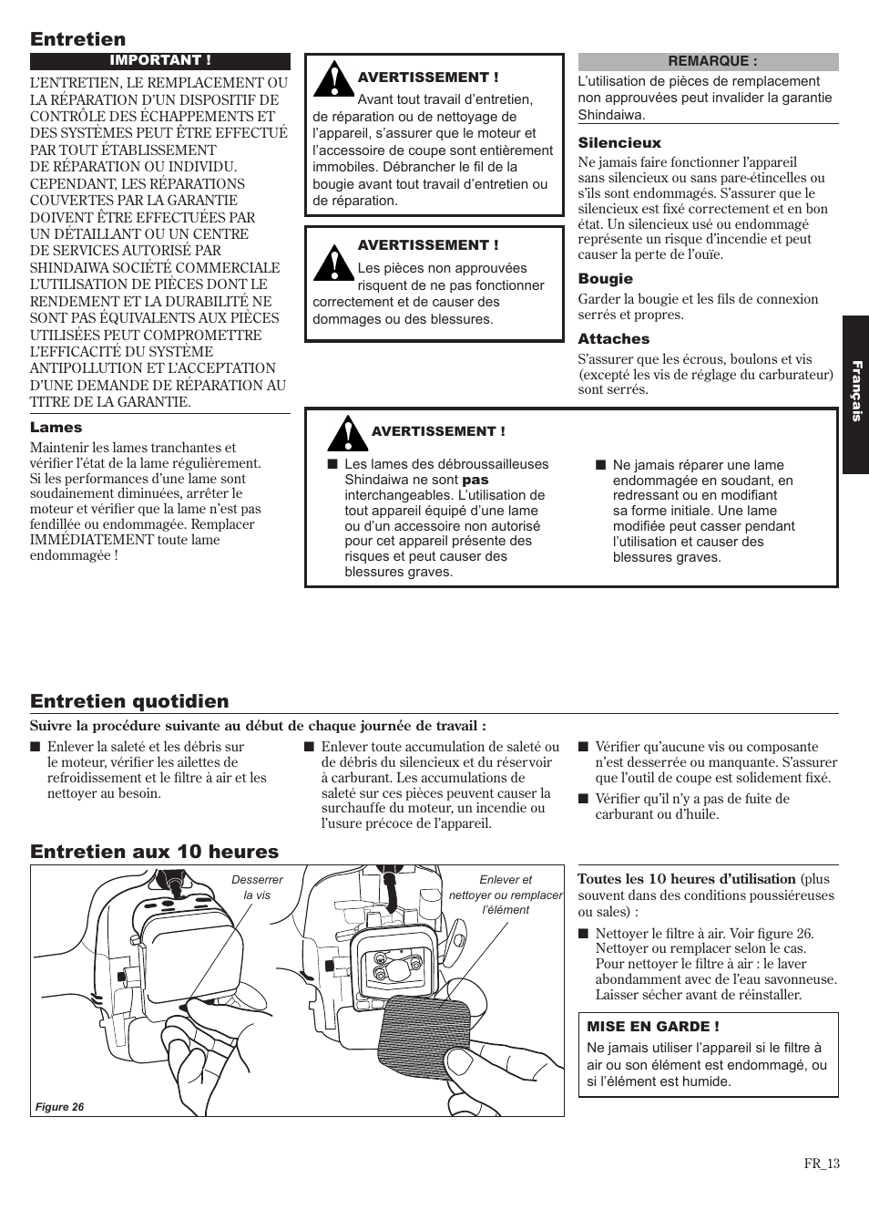 Entretien, Entretien quotidien, Entretien aux 10 heures | Shindaiwa 81643 User Manual | Page 53 / 60