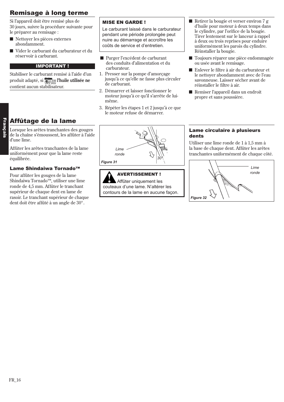 Remisage à long terme, Affûtage de la lame | Shindaiwa 81643 User Manual | Page 56 / 60