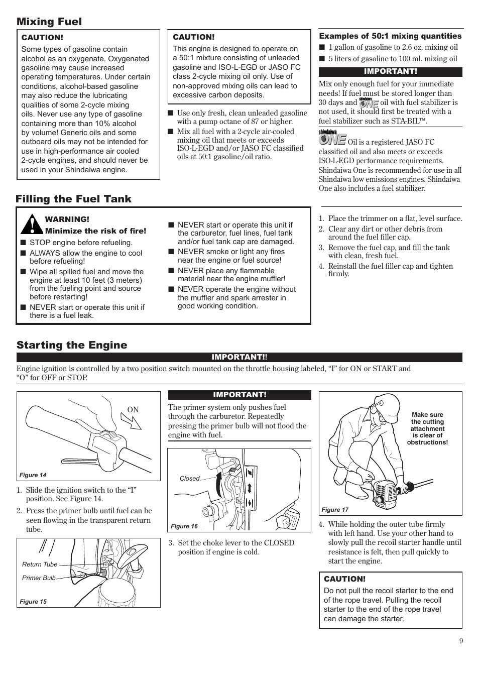 Starting the engine, Mixing fuel, Filling the fuel tank | Shindaiwa 81643 User Manual | Page 9 / 60