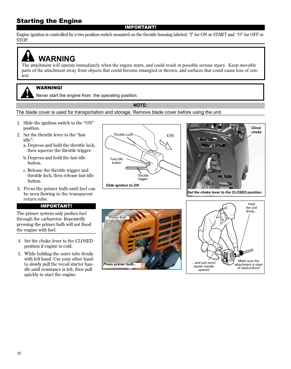 Warning, Starting the engine | Shindaiwa X7502872400 User Manual | Page 10 / 28