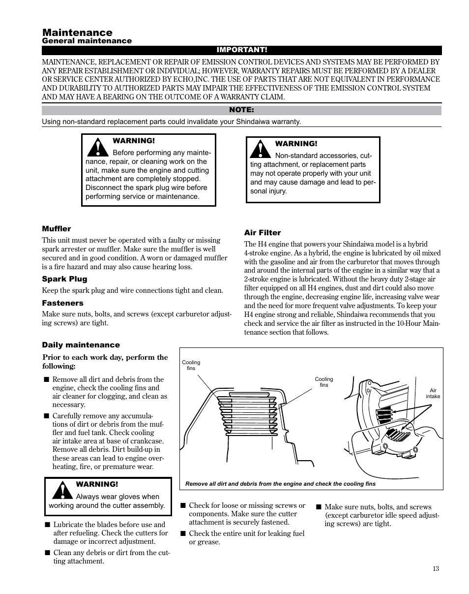 Maintenance | Shindaiwa X7502872400 User Manual | Page 13 / 28