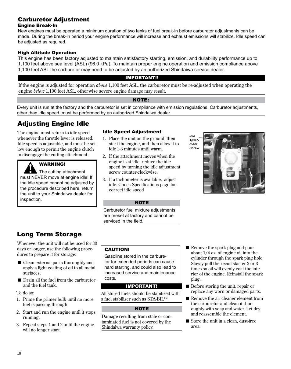 Adjusting engine idle, Long term storage | Shindaiwa X7502872400 User Manual | Page 18 / 28