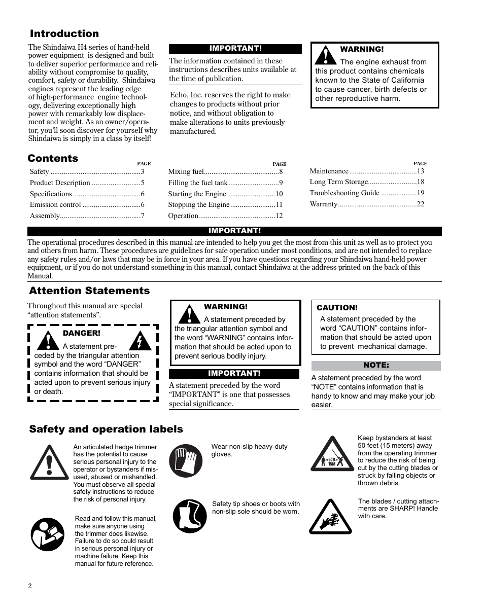 Introduction, Attention statements, Safety and operation labels contents | Shindaiwa X7502872400 User Manual | Page 2 / 28