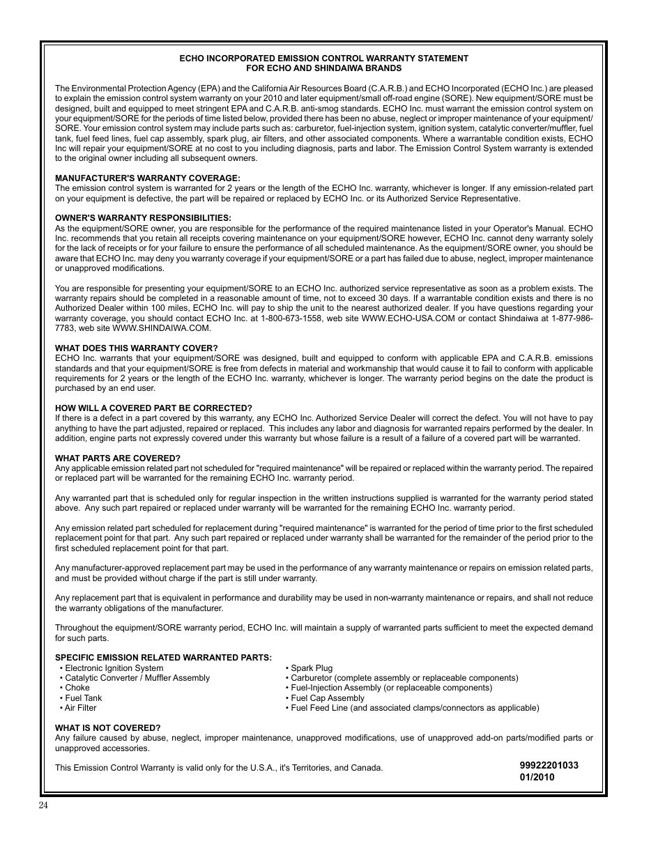Déclaration de garantie limi- tée | Shindaiwa X7502872400 User Manual | Page 24 / 28