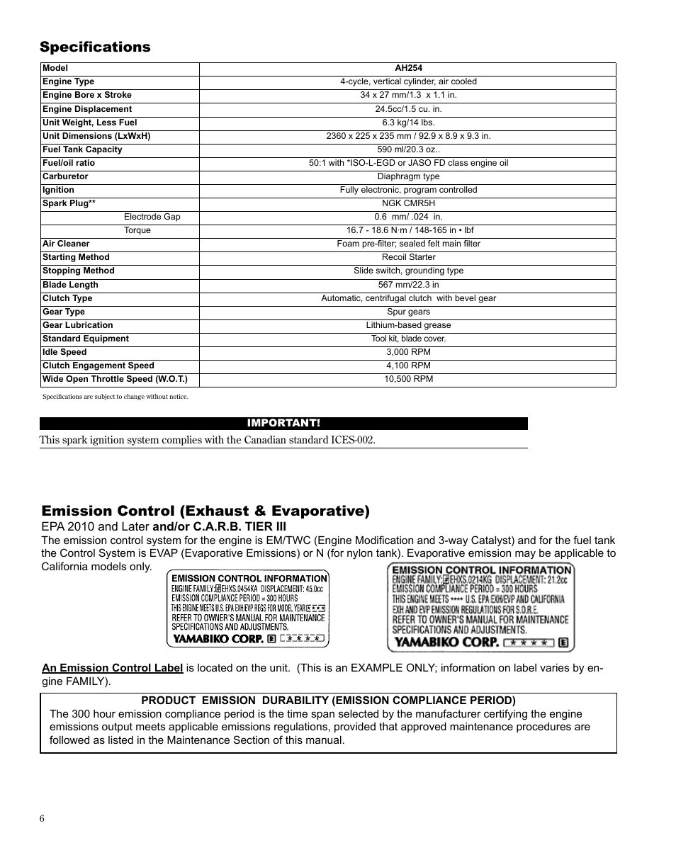 Specifications, Emission control (exhaust & evaporative), Epa 2010 and later and/or c.a.r.b. tier iii | Shindaiwa X7502872400 User Manual | Page 6 / 28