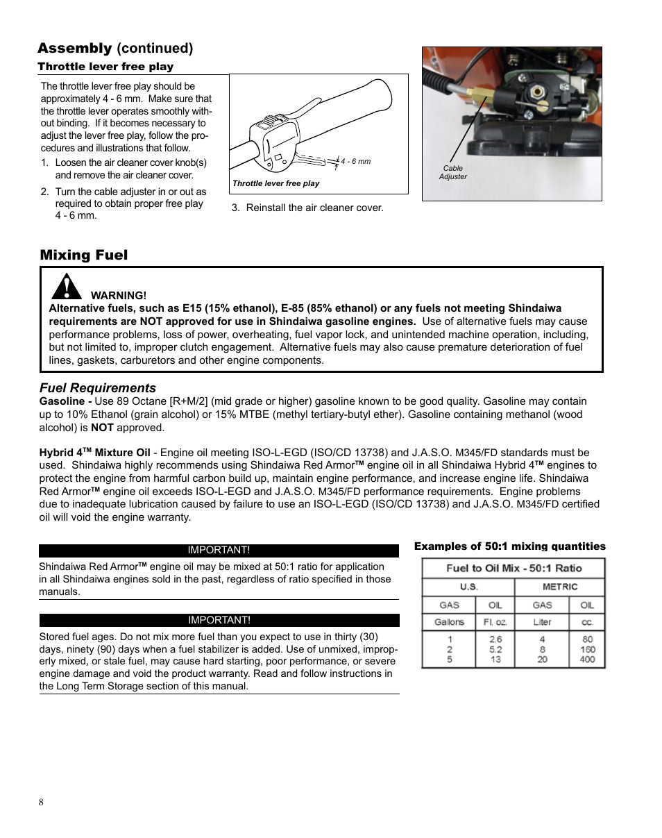 Assembly (continued), Mixing fuel, Fuel requirements | Shindaiwa X7502872400 User Manual | Page 8 / 28