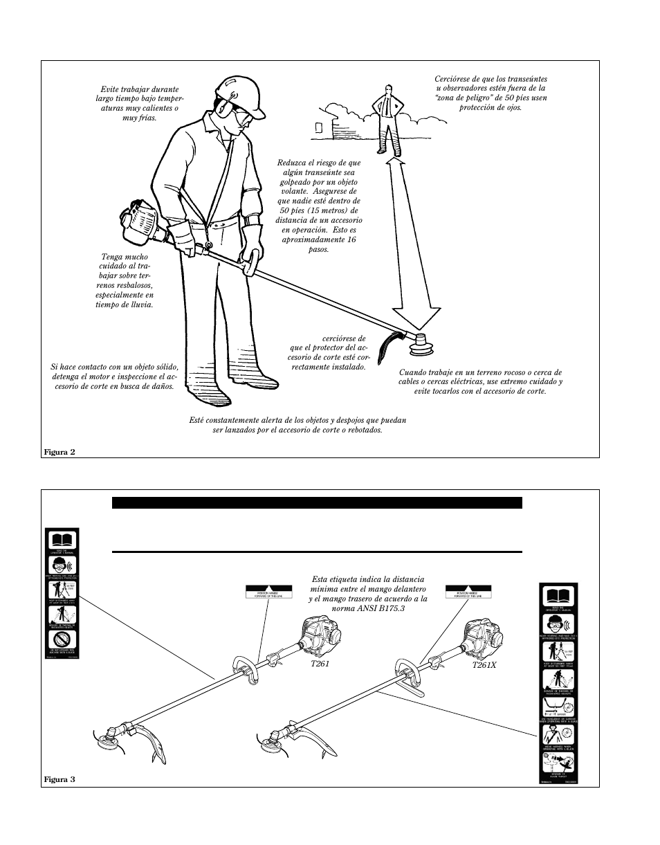 Etiquetas de seguridad, Esté alerta del area de trabajo, 50 píes | Shindaiwa 81646 User Manual | Page 28 / 48