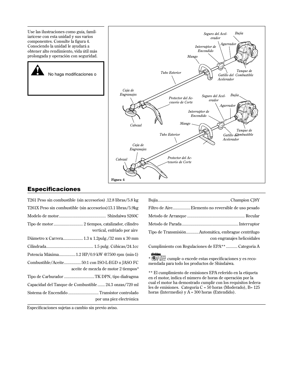 Descripción del producto, Especificaciones | Shindaiwa 81646 User Manual | Page 29 / 48