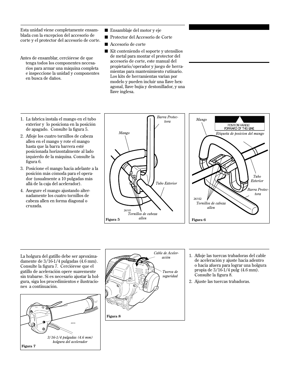 Ajuste la holgura del acelerador, Ensamblaje y ajustes, Mango | Shindaiwa 81646 User Manual | Page 30 / 48