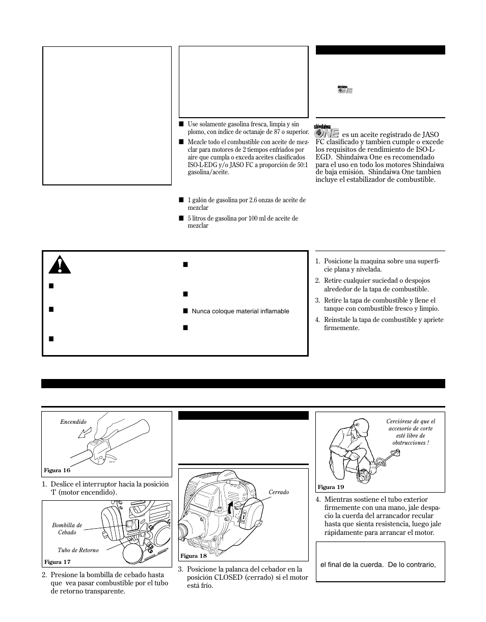 Arranque del motor, Mezcla de combustible, Llenando el tanque de combustible | Shindaiwa 81646 User Manual | Page 33 / 48