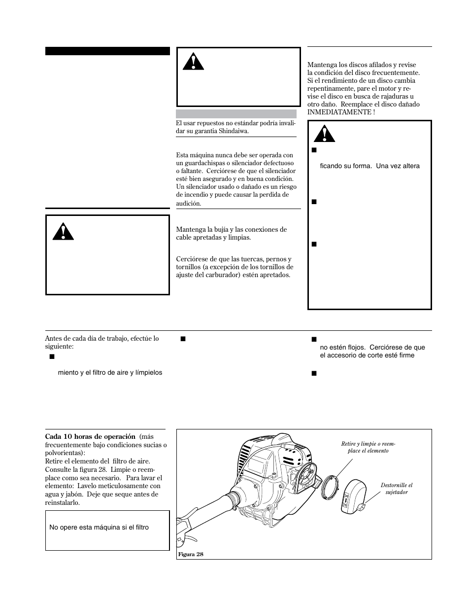 Starting cold engine, Mantenimiento general, Mantenimiento diario | Mantenimiento cada 10-horas | Shindaiwa 81646 User Manual | Page 37 / 48