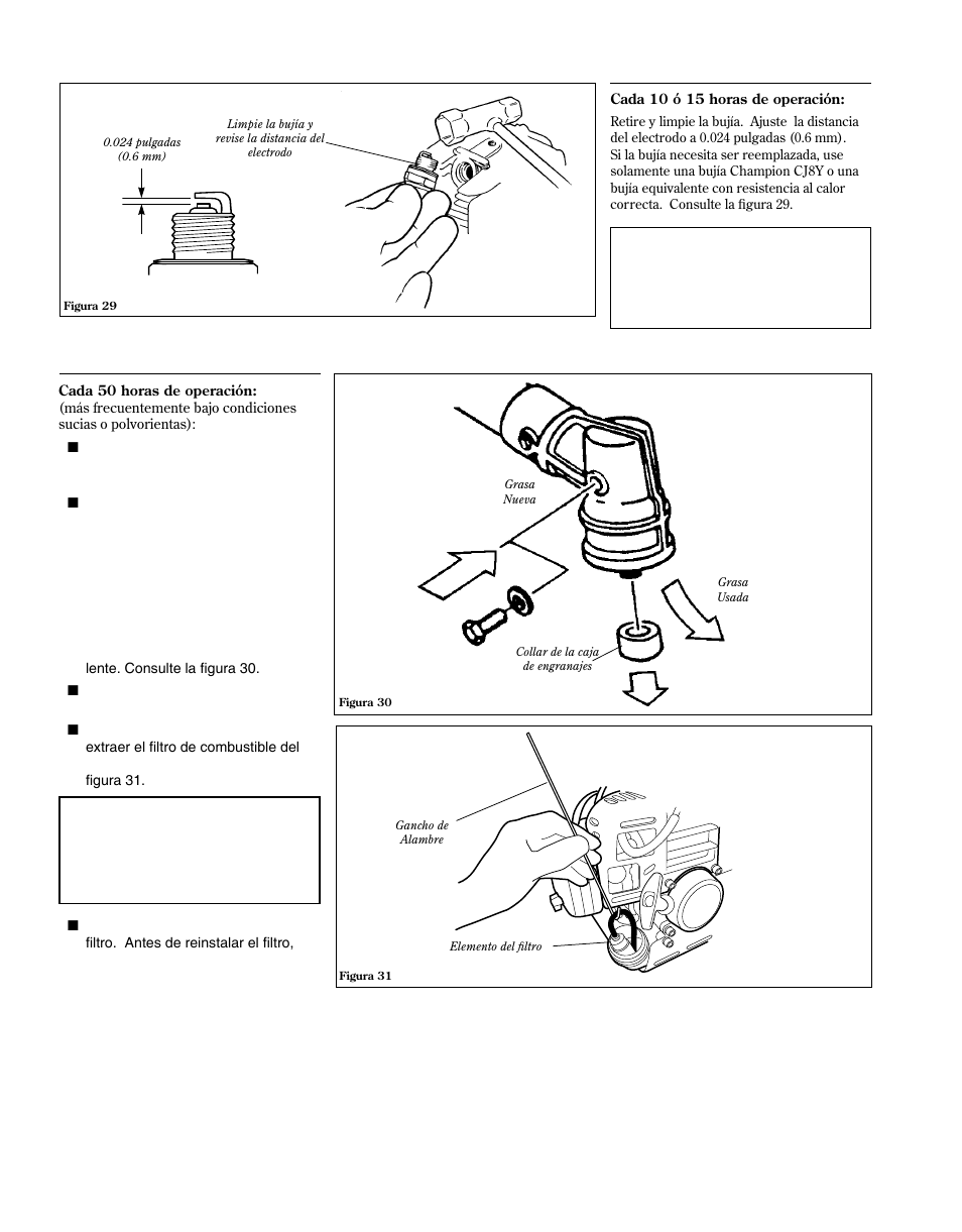 Starting warm engine, Stopping engine, Mantenimiento cada 50-horas | Mantenimiento cada 10/15-horas | Shindaiwa 81646 User Manual | Page 38 / 48