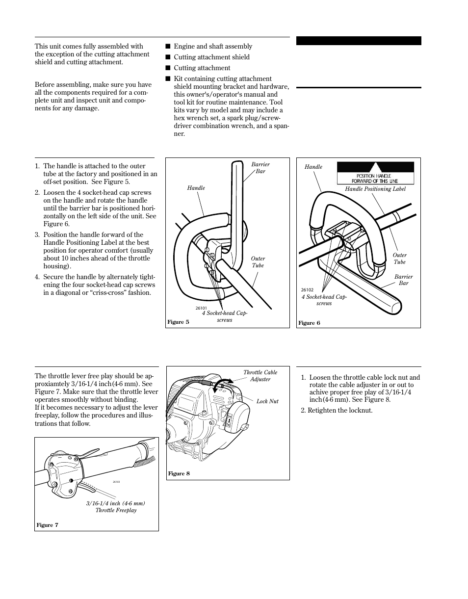 Adjust throttle lever free play, Assembly and adjustments, Handle | Shindaiwa 81646 User Manual | Page 6 / 48