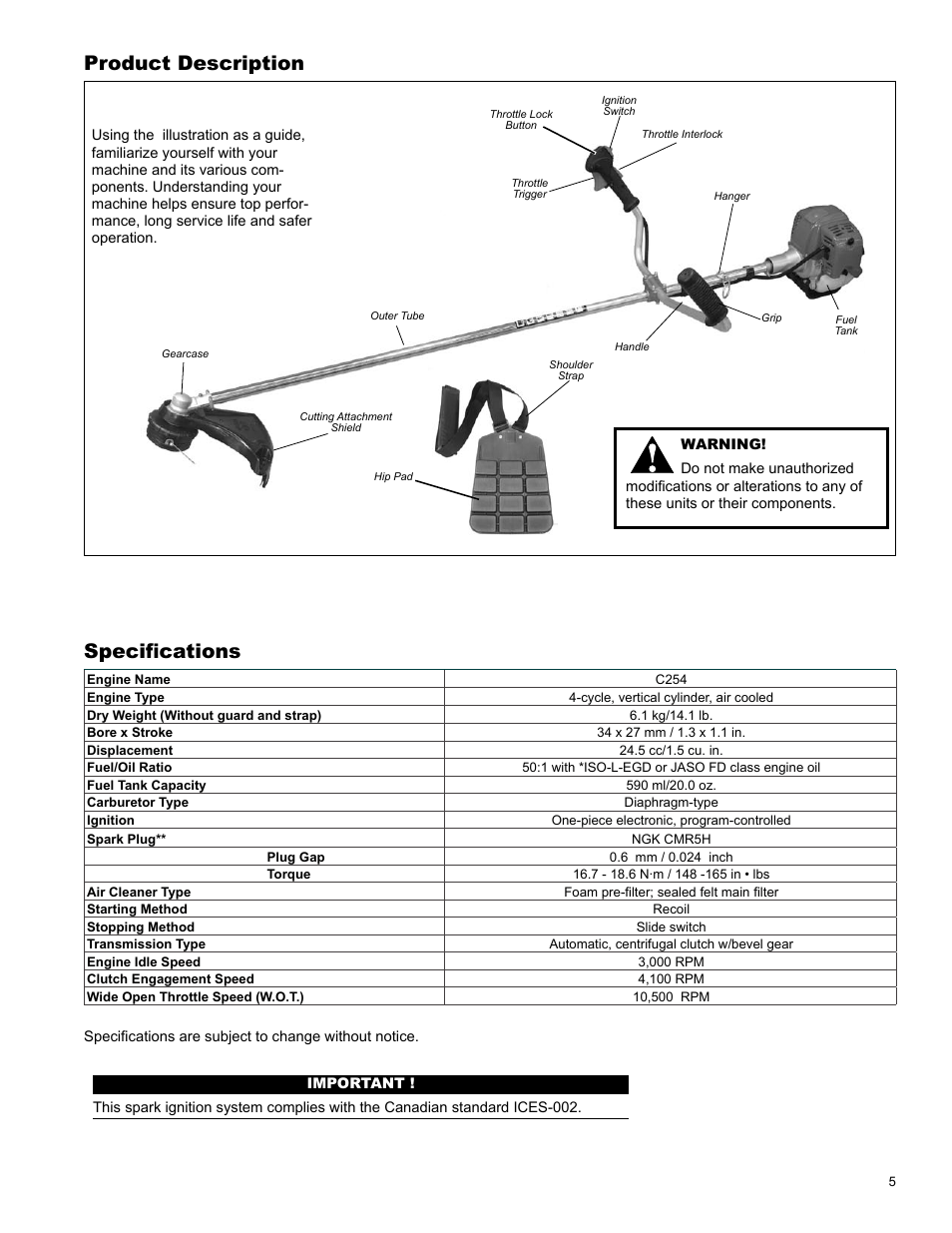 Product description, Specifications | Shindaiwa X7502825900 User Manual | Page 5 / 32