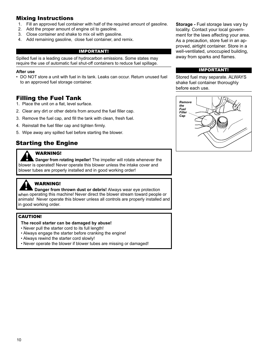 Filling the fuel tank, Starting the engine, Mixing instructions | Shindaiwa X7501970601 User Manual | Page 10 / 28