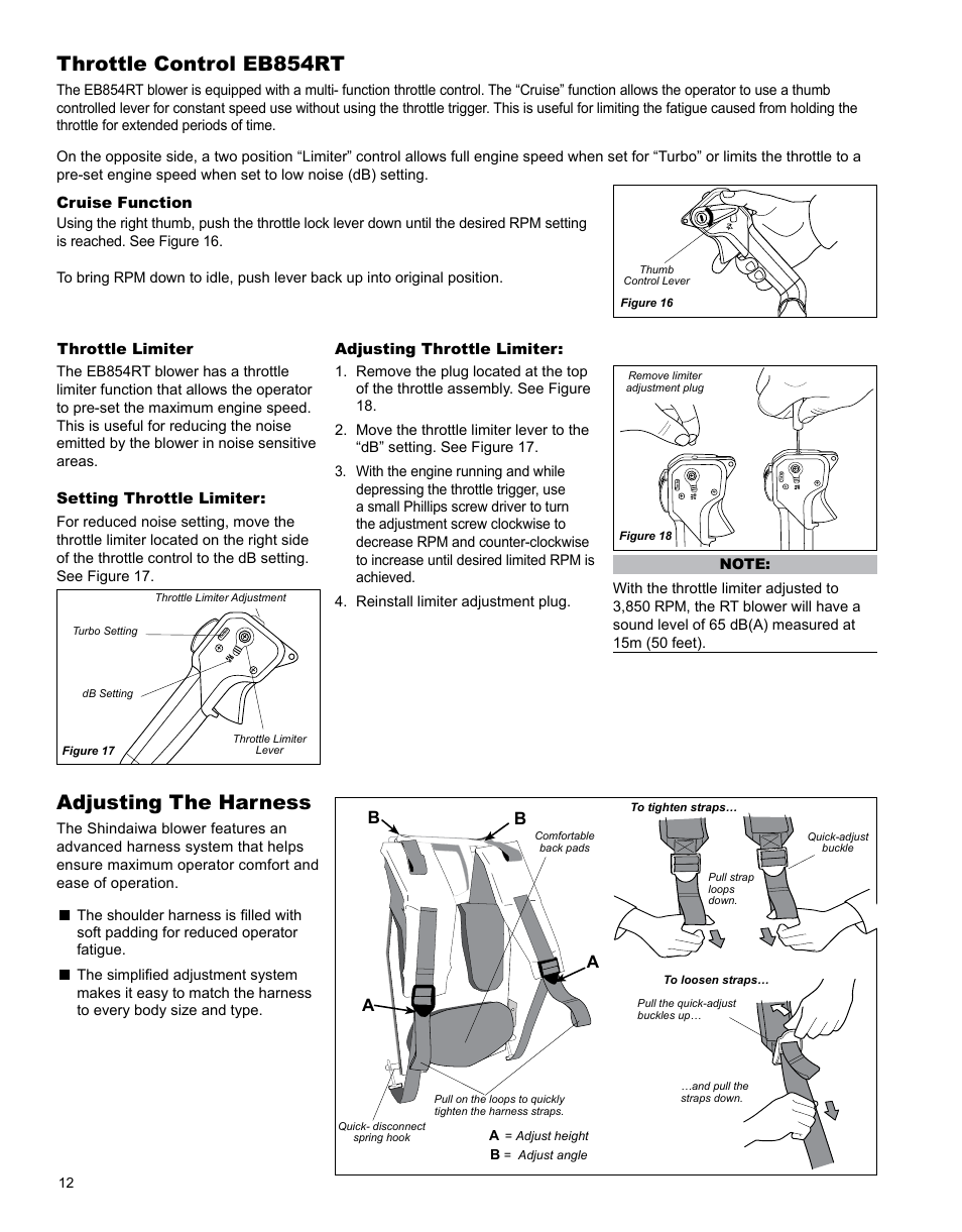 Throttle control eb854rt, Adjusting the harness, Ba a | Shindaiwa X7501970601 User Manual | Page 12 / 28