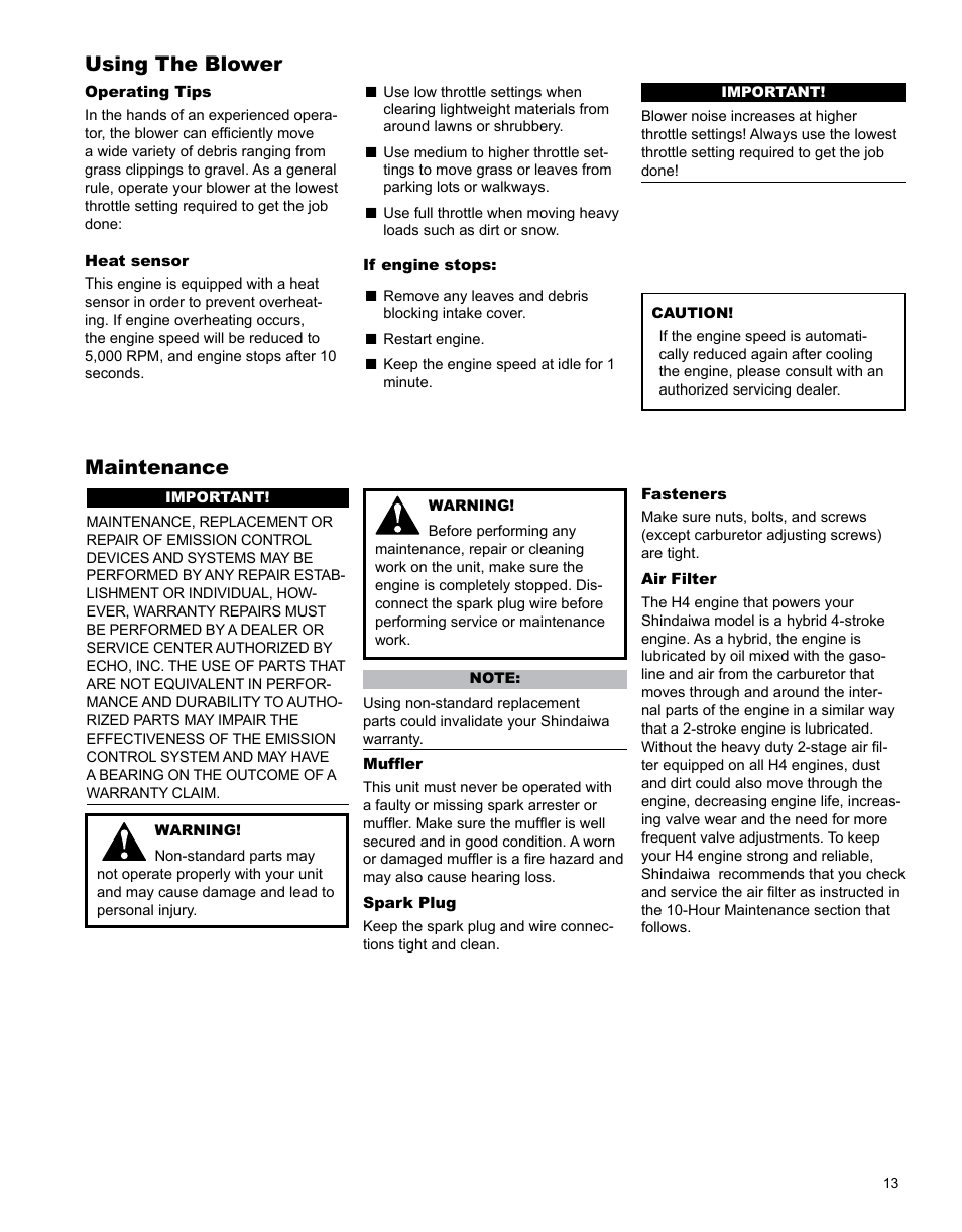 Using the blower, Maintenance | Shindaiwa X7501970601 User Manual | Page 13 / 28