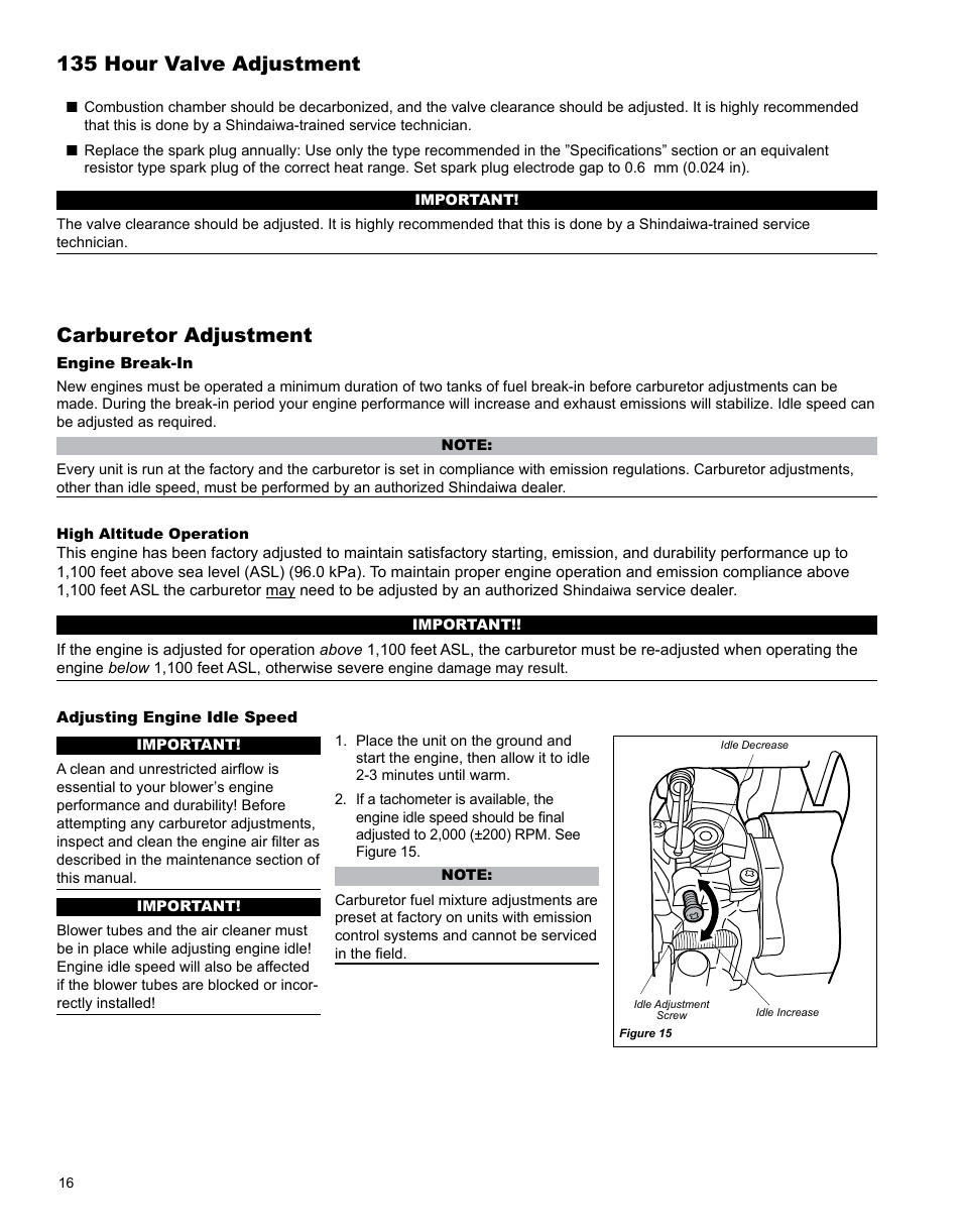 135 hour valve adjustment, Carburetor adjustment | Shindaiwa X7501970601 User Manual | Page 16 / 28