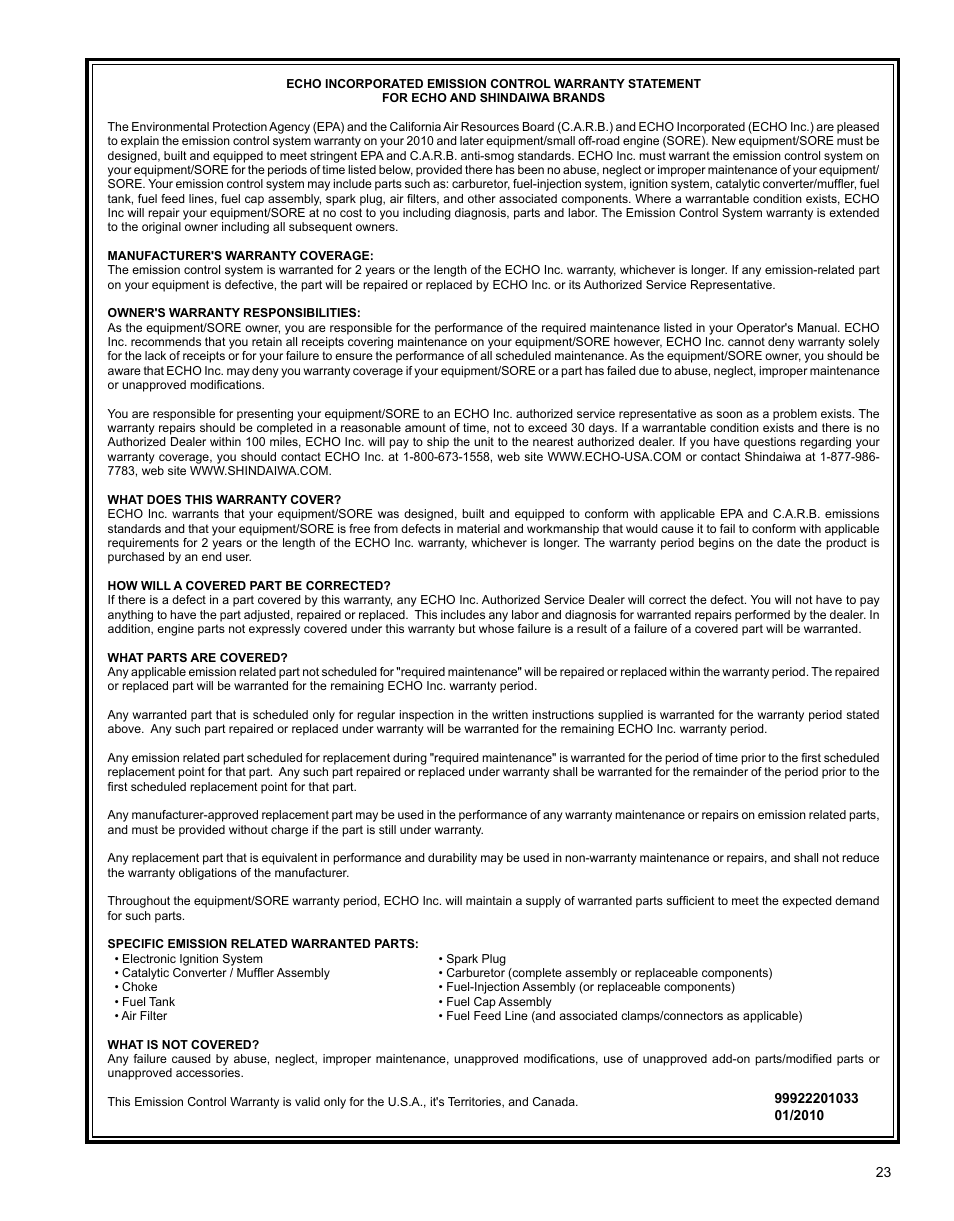 Déclaration de garantie limi- tée | Shindaiwa X7501970601 User Manual | Page 23 / 28