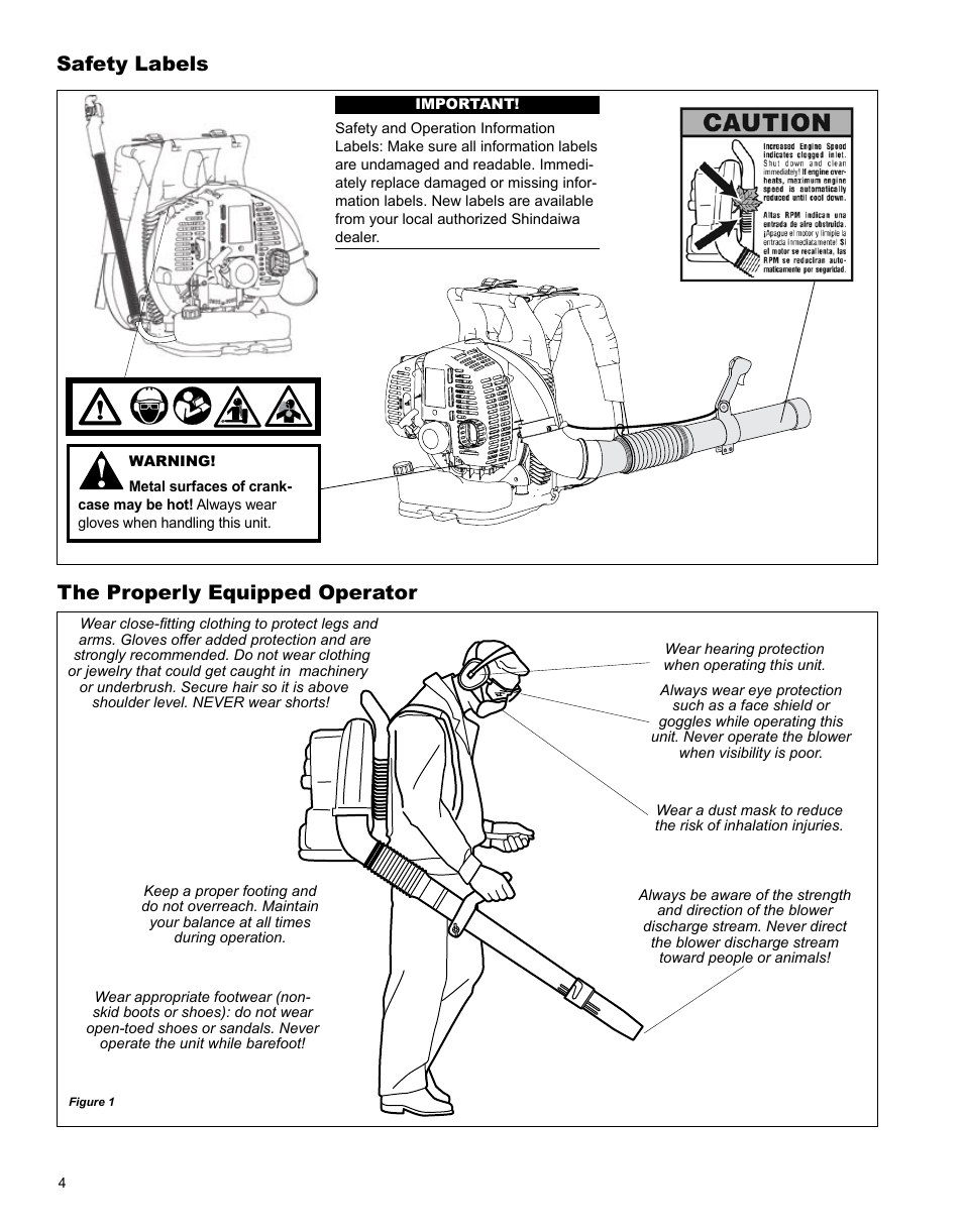 Safety labels, The properly equipped operator | Shindaiwa X7501970601 User Manual | Page 4 / 28