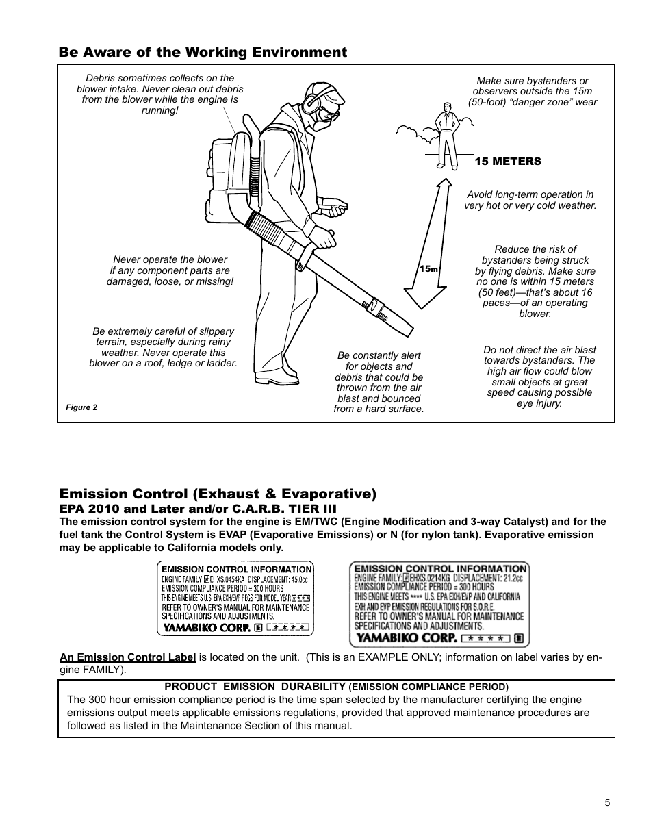 Be aware of the working environment, Emission control (exhaust & evaporative) | Shindaiwa X7501970601 User Manual | Page 5 / 28