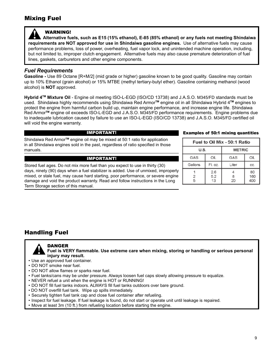 Handling fuel, Mixing fuel | Shindaiwa X7501970601 User Manual | Page 9 / 28