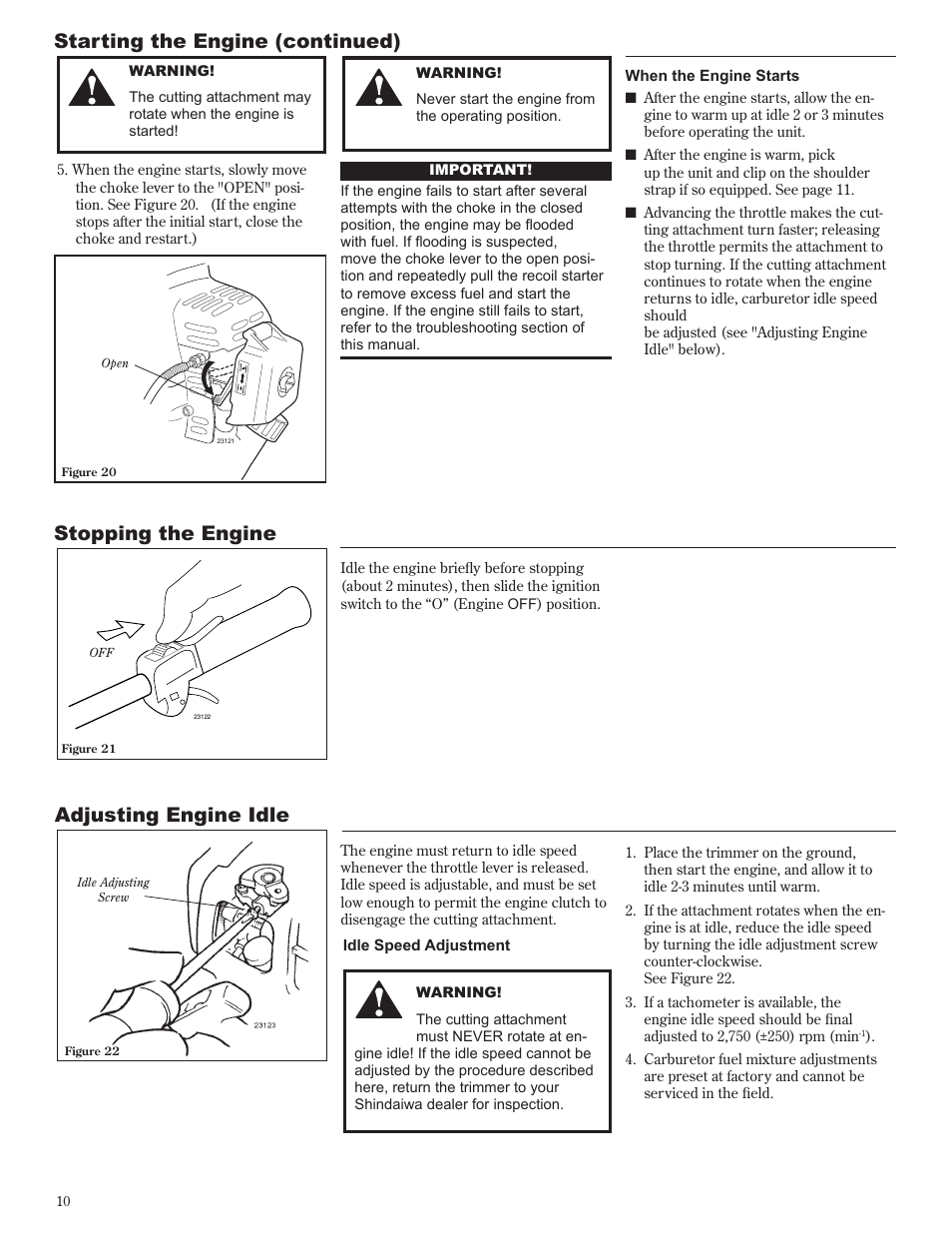 Starting the engine (continued), Stopping the engine adjusting engine idle | Shindaiwa 81601 User Manual | Page 10 / 40