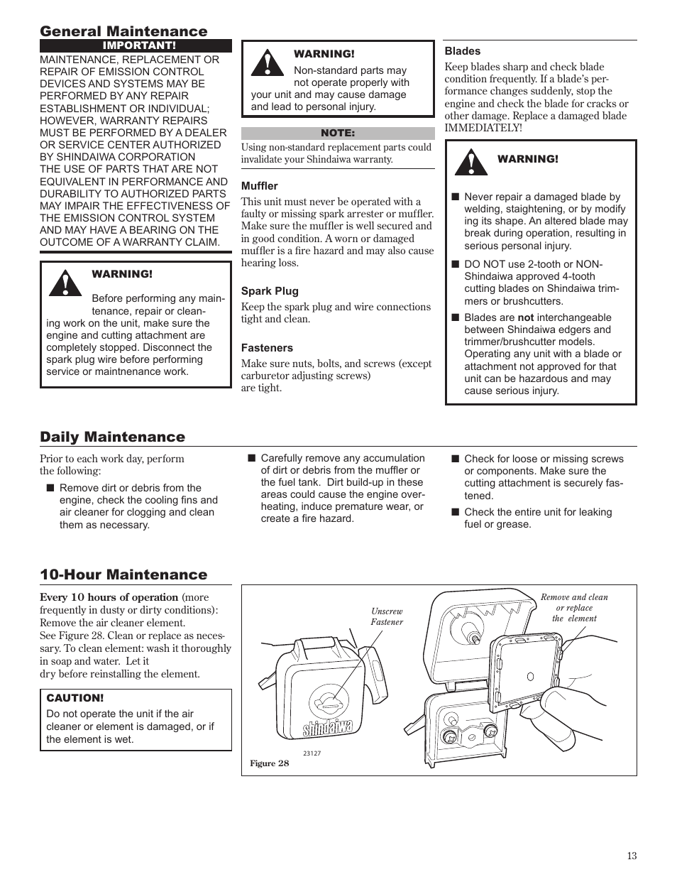 General maintenance, Daily maintenance, Hour maintenance | Shindaiwa 81601 User Manual | Page 13 / 40