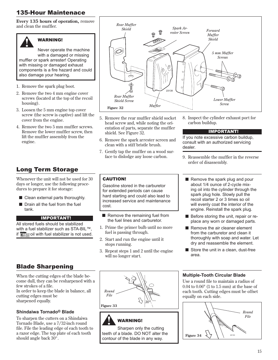 Hour maintenace, Long term storage, Blade sharpening | Shindaiwa 81601 User Manual | Page 15 / 40