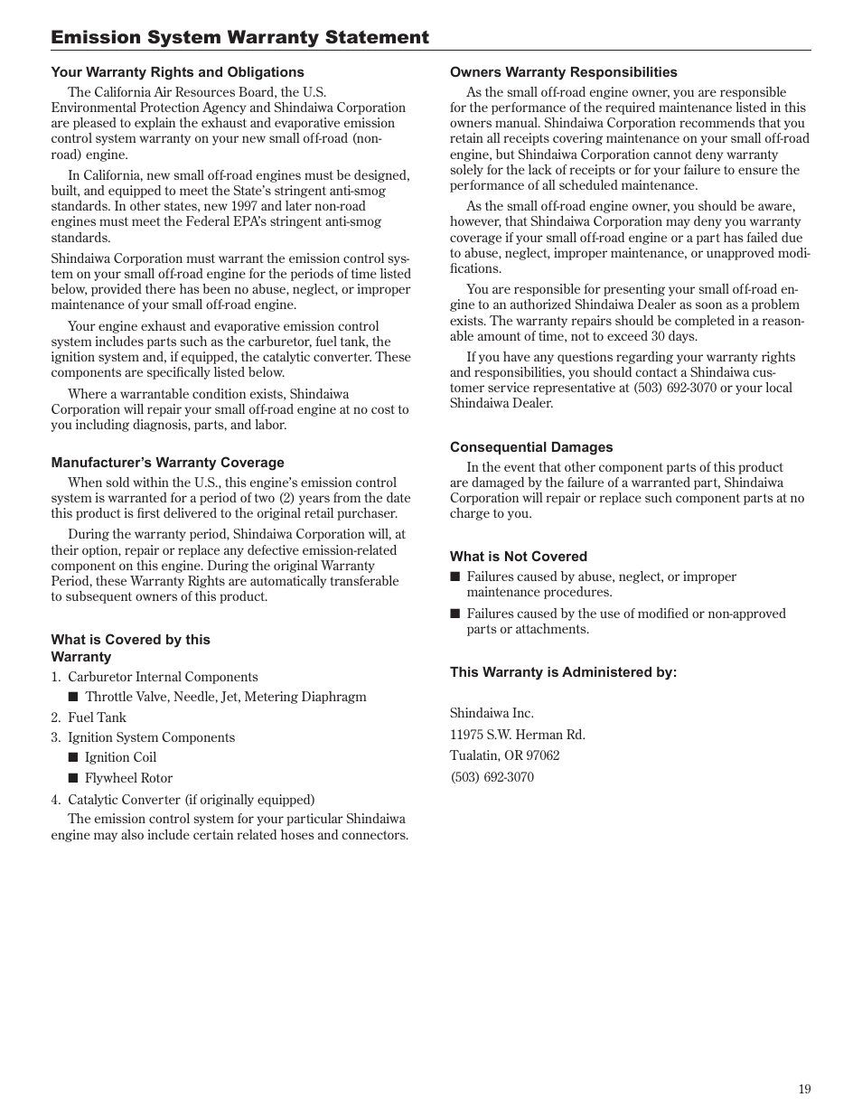 Emission system warranty statement | Shindaiwa 81601 User Manual | Page 19 / 40