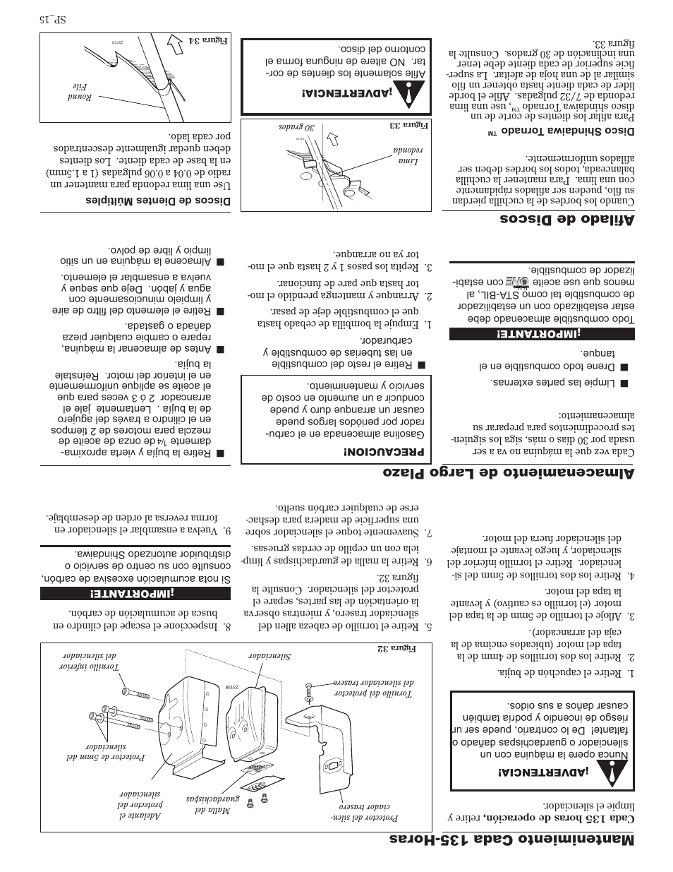 Mantenimiento cada 135-horas, Almacenamiento de largo plaz o, Afilado de discos | Shindaiwa 81601 User Manual | Page 26 / 40