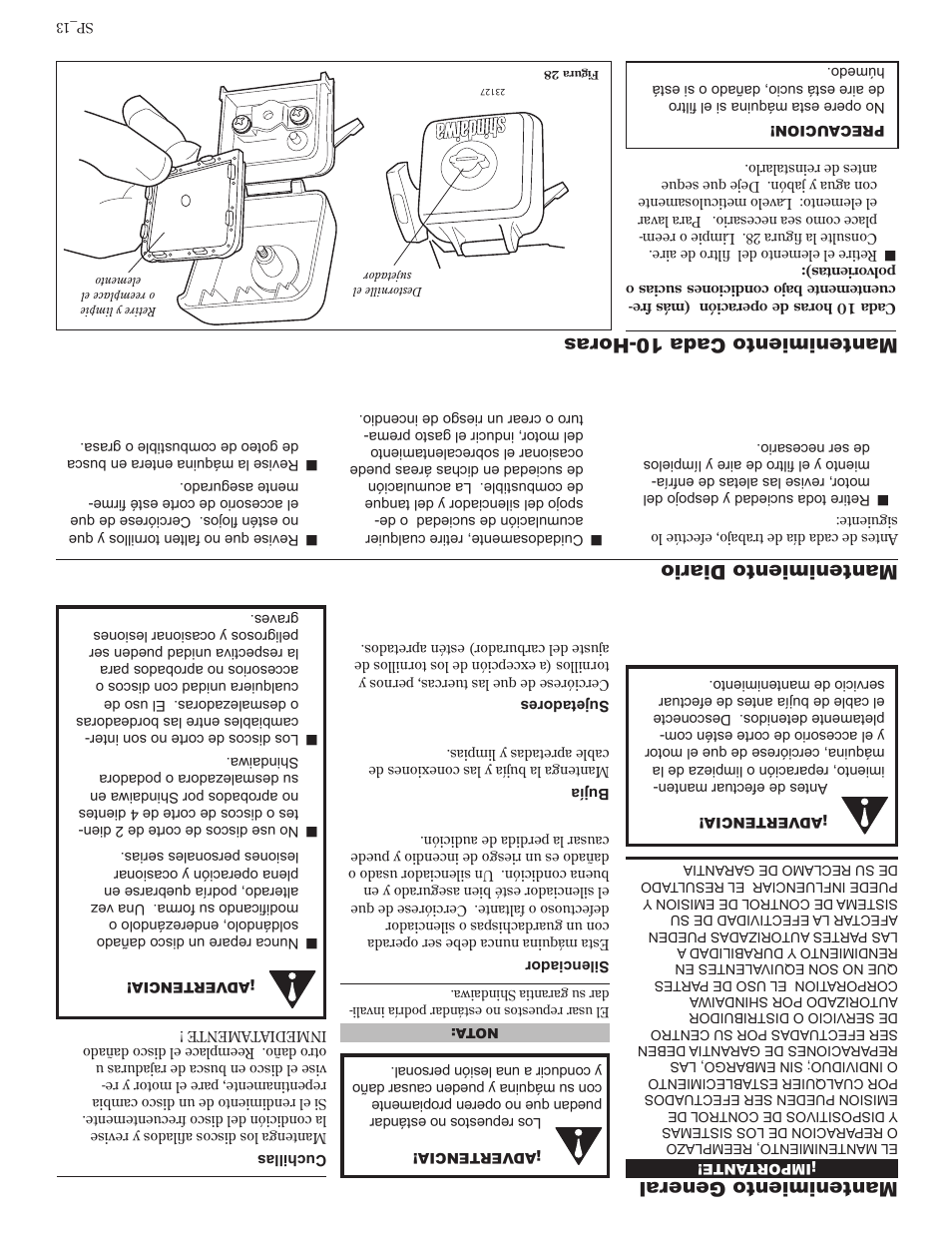 Mantenimiento general, Mantenimiento diario, Mantenimiento cada 10-horas | Shindaiwa 81601 User Manual | Page 28 / 40