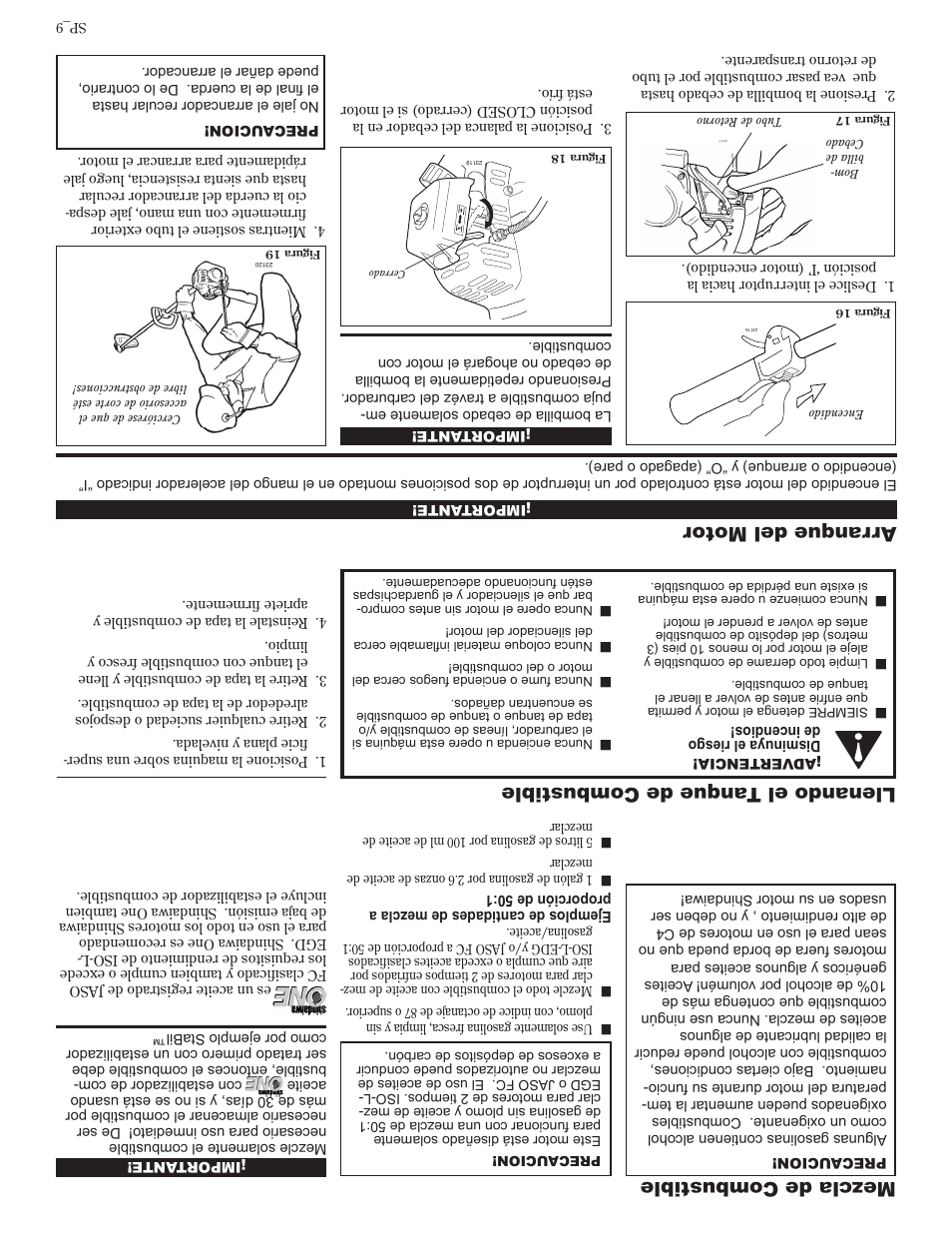 Arranque del motor, Mezcla de combustible, Llenando el tanque de combustible | Shindaiwa 81601 User Manual | Page 32 / 40