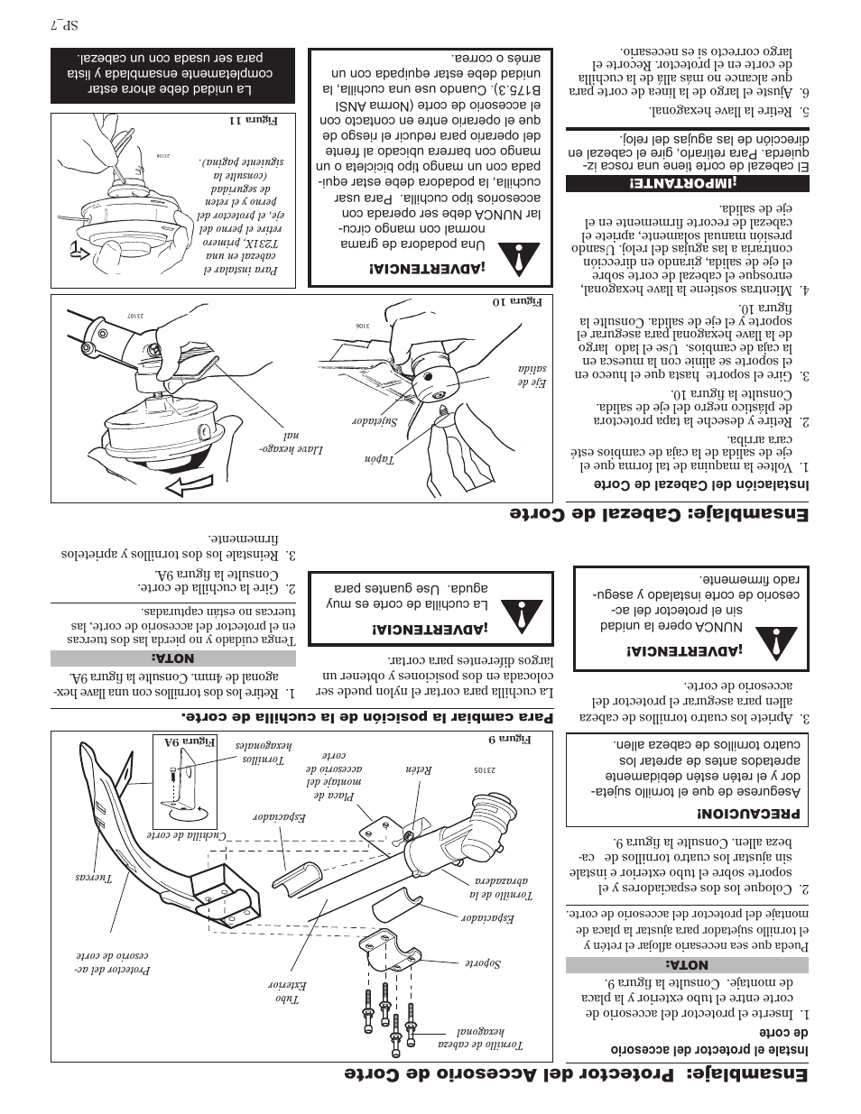 Ensamblaje: cabezal de cor te, Ensamblaje: pr otector del accesorio de corte | Shindaiwa 81601 User Manual | Page 34 / 40