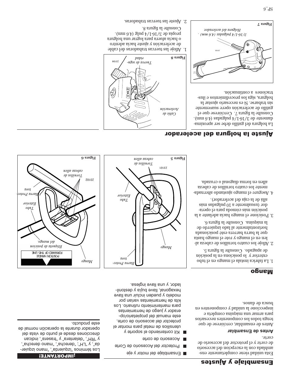 Ajuste la holgura del aceler ador, Ensamblaje y ajustes, Mango | Shindaiwa 81601 User Manual | Page 35 / 40