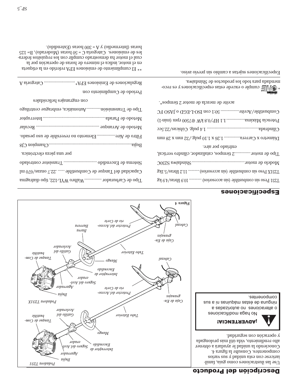 Descripción del producto, Especificaciones | Shindaiwa 81601 User Manual | Page 36 / 40