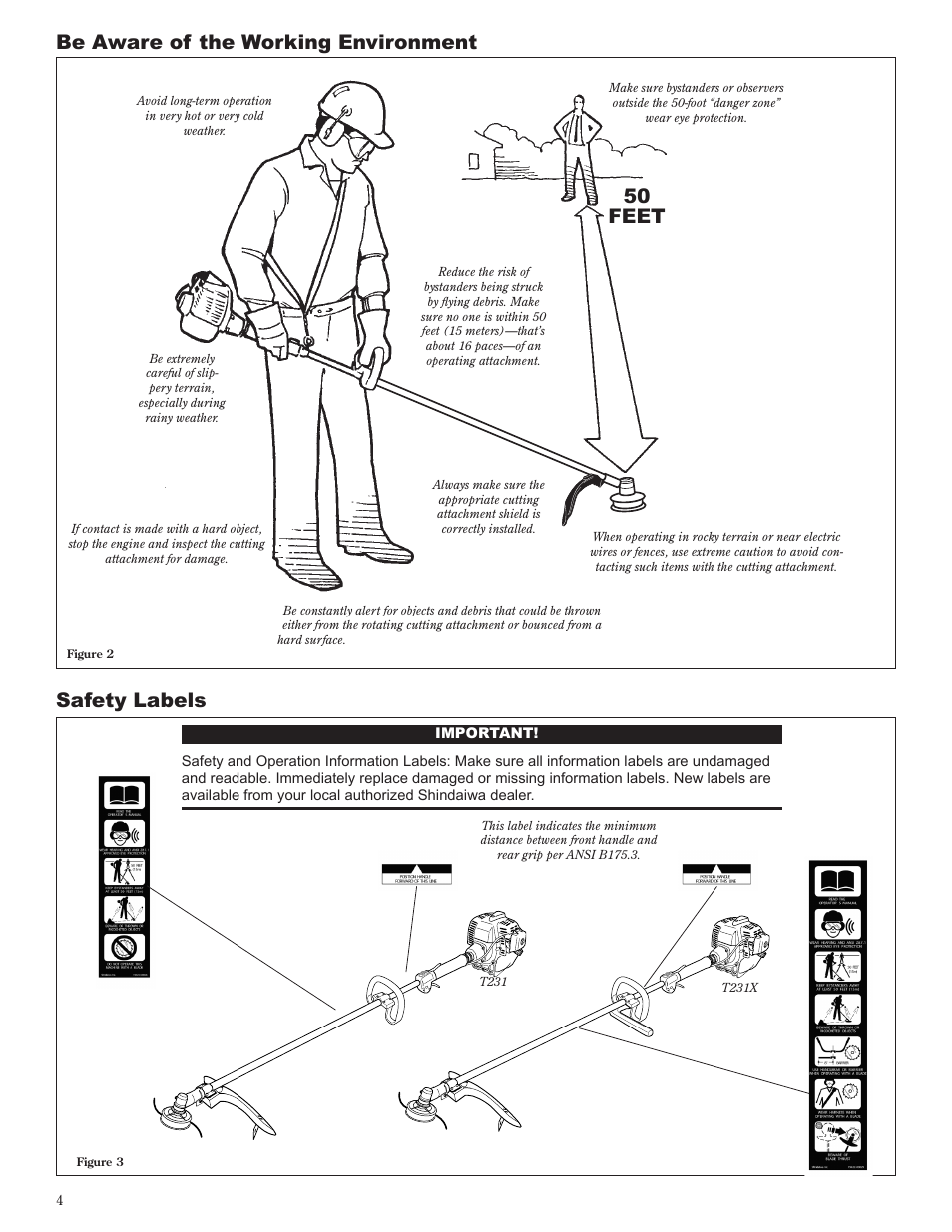 Safety labels, Be aware of the working environment, 50 feet | Shindaiwa 81601 User Manual | Page 4 / 40